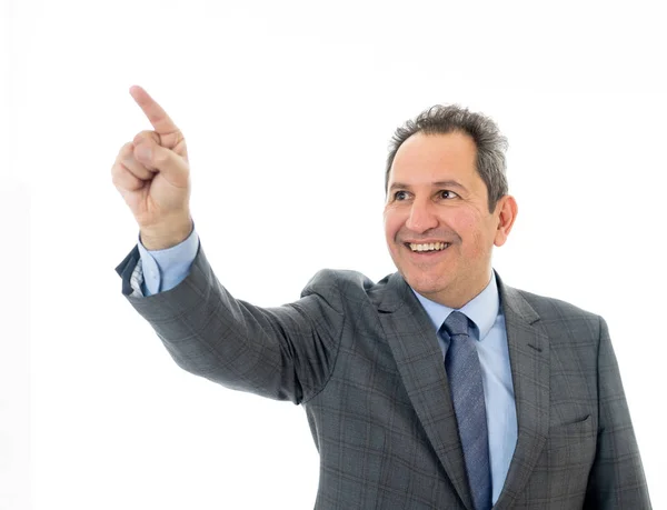 Retrato de un hombre de negocios de mediana edad que señala el espacio de copia. Aislado sobre blanco . — Foto de Stock