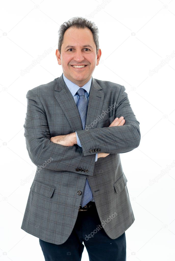 Half body portrait of happy confident middle aged businessman isolated on white background