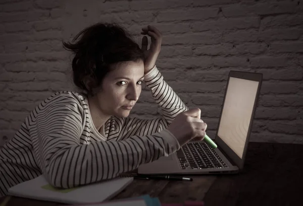 Overworked Tired Female Student Working Late Night Her Laptop Trying — Stock Photo, Image