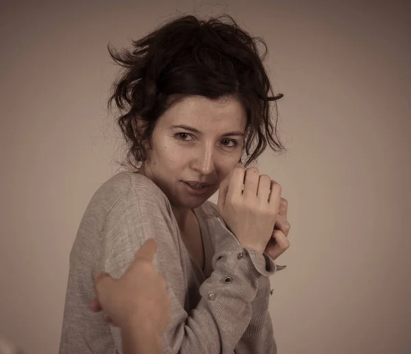 Close Young Scared Frightened Woman Covering Herself Something Scary Intimidating — Stock Photo, Image