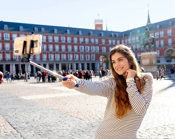 Beautiful Young Woman Happy Excited Plaza Mayor Madrid Spain Taking — Stock Photo, Image