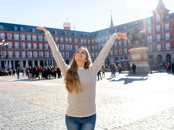 Beautiful Happy Young Woman Excited Having Fun Plaza Mayor Madrid — Stock Photo, Image