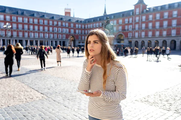 Lost Young Tourist Woman Checking Smart Mobile Phone Trying Find — Stock Photo, Image