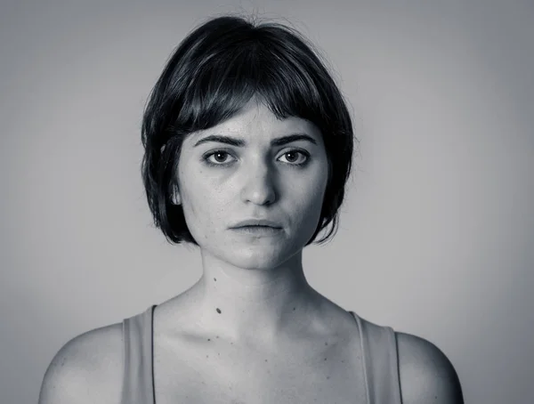 Black White Portrait Young Sad Woman Serious Concerned Looking Worried — Stock Photo, Image