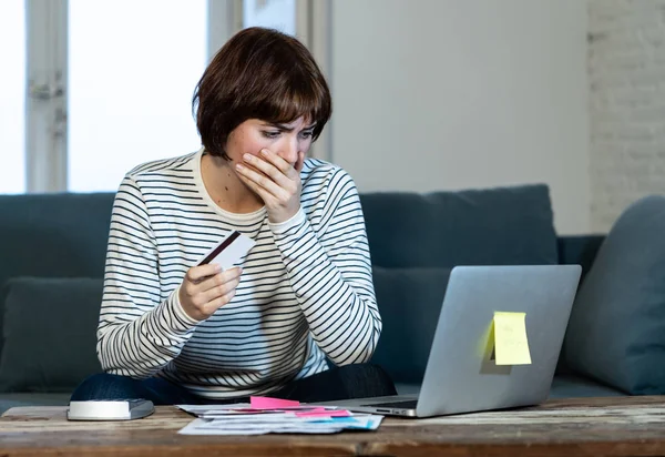 Portrait Worried Desperate Woman Feeling Stressed Paying Credit Card Debts — Stock Photo, Image