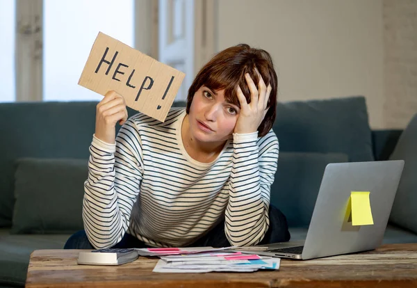Portrait Worried Young Woman Feeling Stressed Desperate Asking Help Paying — Stock Photo, Image
