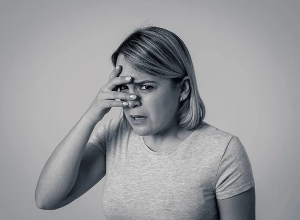 Black White Portrait Young Woman Feeling Afraid Shocked Hiding Her — Stock Photo, Image