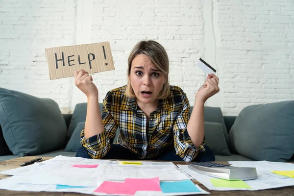 Portrait Worried Young Woman Feeling Stressed While Working Finances Sitting — Stock Photo, Image