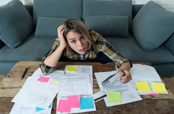 Portrait Worried Desperate Young Entrepreneur Woman Accounting Home Small Business — Stock Photo, Image