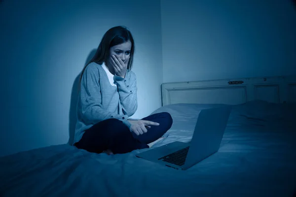 Scared Intimidated Teenager Crying Being Bullied Laptop Suffering Cyberbullying Harassment — Stock Photo, Image