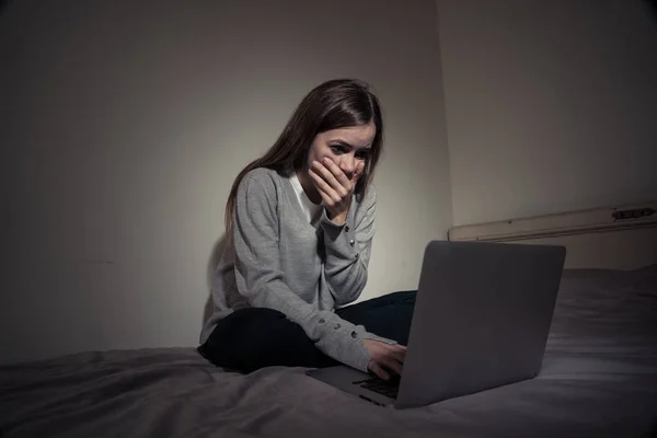 Scared Intimidated Teenager Crying Being Bullied Laptop Suffering Cyberbullying Harassment — Stock Photo, Image