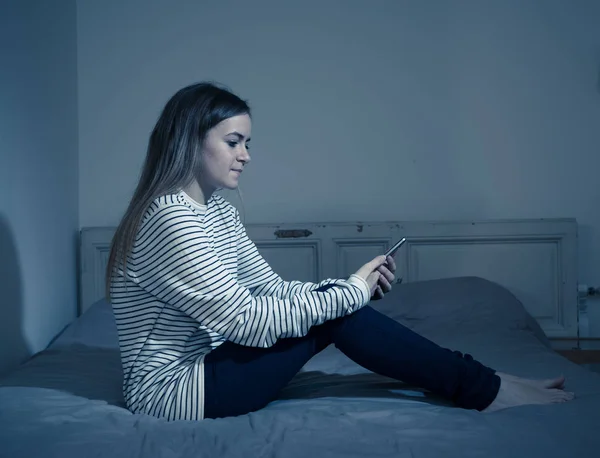 Young Teenager Girl Suffering Mobile Cell Phone Addiction Feeling Lonely — Stock Photo, Image