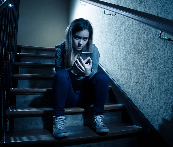 Teenager Girl Victim Online Stalker Suffering Cyberbullying Abuse Feeling Lonely — Stock Photo, Image