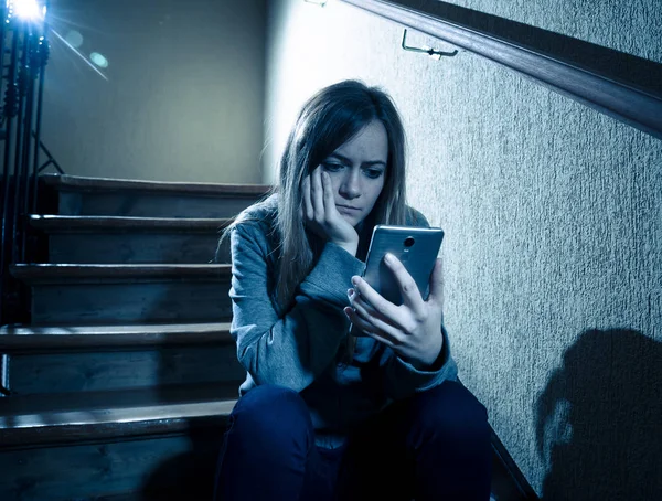Sad Depressed Young Teenager Girl Victim Cyberbullying Mobile Smart Phone — Stock Photo, Image