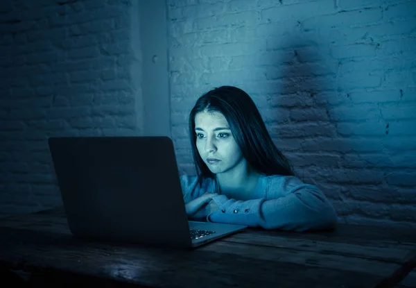 Dramatic Portrait Sad Scared Young Woman Laptop Suffering Cyber Bullying — Stock Photo, Image