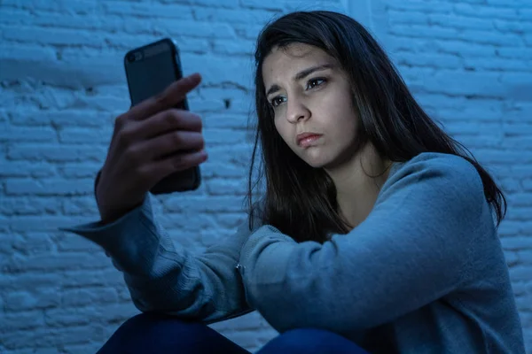 Portrait Sad Scared Young Woman Floor Night Stressed Worried Smart — Stock Photo, Image