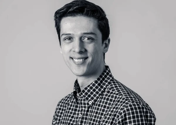 Black White Portrait Carefree Outgoing Male Casual Blue Checked Shirt — Stock Photo, Image