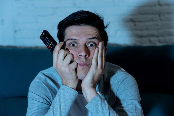 Young Bored Man Couch Using Remote Control Zapping Another Movie — Stock Photo, Image