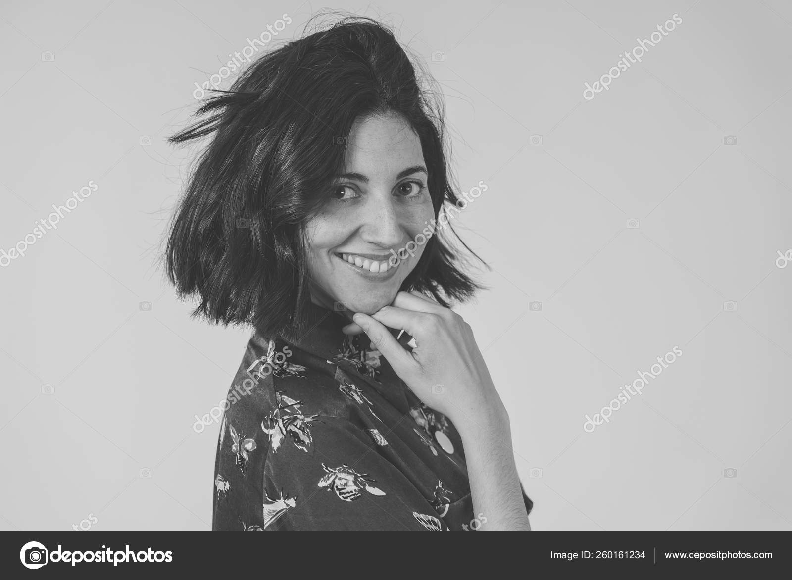 Black White Portrait Young Attractive Woman Posing Beautiful Smile