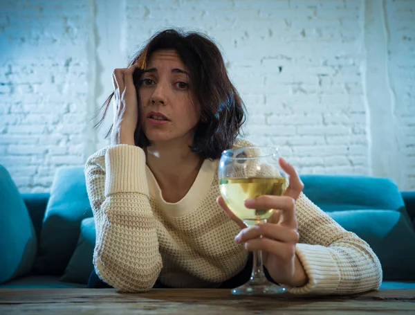 Stressed Hopeless Young Woman Drinking Glass Wine Alone Home Feeling — Stock Photo, Image