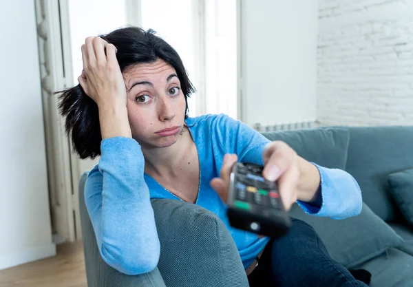 Young Upset Woman Sofa Using Control Remote Zapping Bored Bad — Stock Photo, Image
