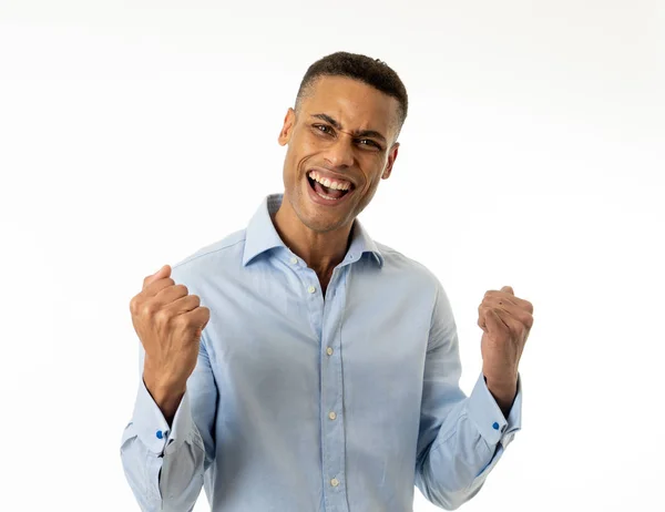 Studio Portrait Young African American Business Man Celebrating Success Arms — Stock Photo, Image