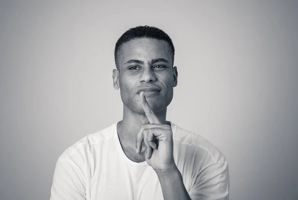 Portrait Happy Young African American Man Thoughtful Male Thinking Creative — Stock Photo, Image