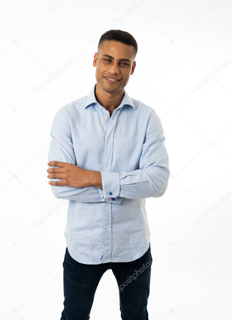 Small business owner,entrepreneur, people and success concept. Portrait of Happy confident young african american businessman smiling and felling proud. Isolated on white background.