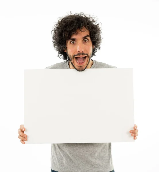 Grappig Goed Uitziende Duizendjarige Man Tonen Wijzend Blanco Bord Met — Stockfoto