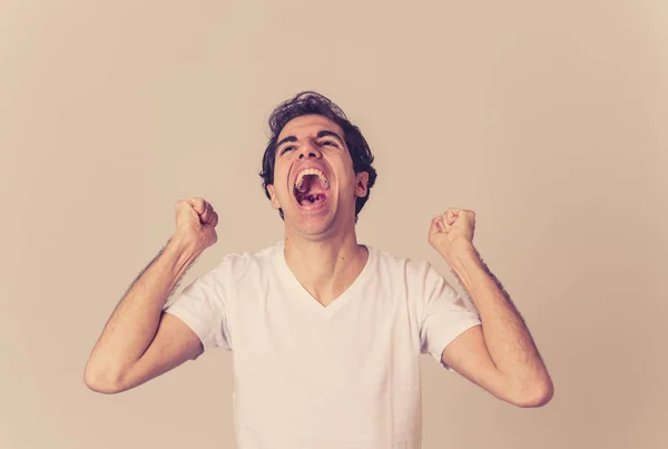 Retrato Muito Excita Chocado Jovem Celebrando Ganhar Loteria Ter Grande — Fotografia de Stock