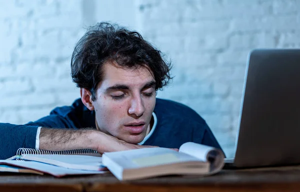 Overworked Tired Male Student Working Late Night Laptop Trying Fall — Stock Photo, Image