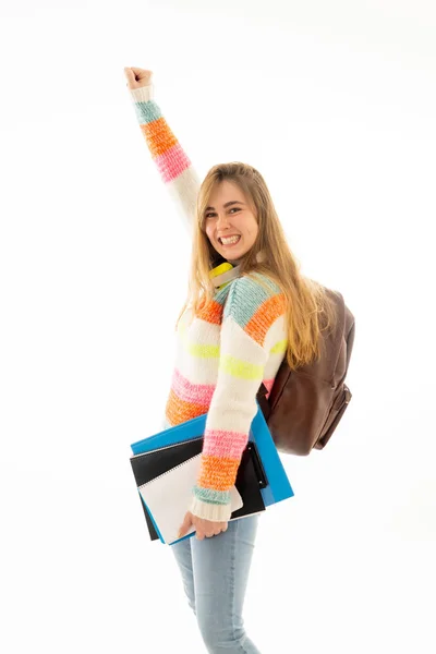 Menina Adolescente Milenar Bonita Com Mochila Pasta Sorrindo Fazendo Gestos — Fotografia de Stock