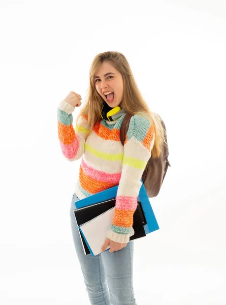 Schöne Millennial Teenager Mädchen Mit Rucksack Und Ordner Lächelnd Und — Stockfoto