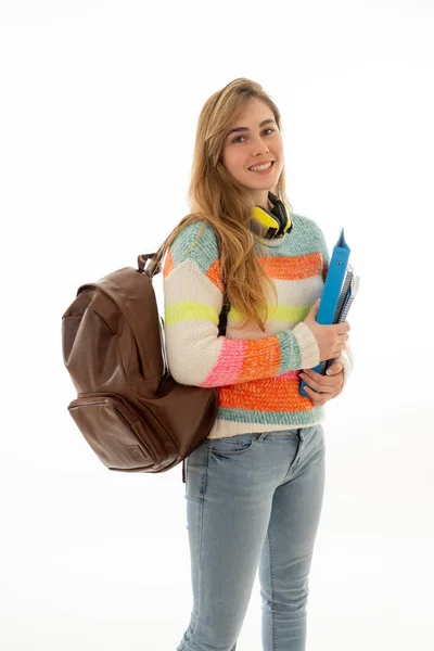 Retrato Menina Adolescente Bonita Com Mochila Pasta Notepad Sorrindo Contra — Fotografia de Stock