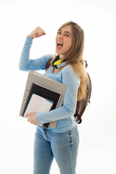 Menina Adolescente Milenar Bonita Com Mochila Pasta Sorrindo Fazendo Gestos — Fotografia de Stock