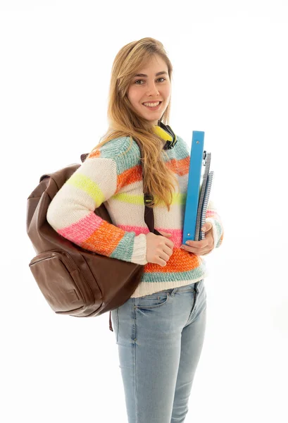 Retrato Menina Adolescente Bonita Com Mochila Pasta Notepad Sorrindo Contra — Fotografia de Stock