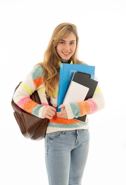 Portrait Beautiful Teenager Girl Backpack Notepad Folder Smiling White Background — Stock Photo, Image