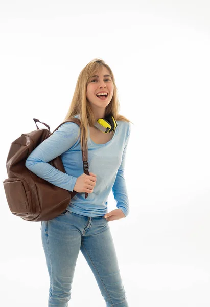 Retrato Una Hermosa Adolescente Con Una Mochila Una Carpeta Bloc — Foto de Stock