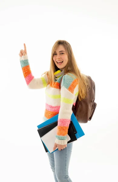 Retrato Bonito Atraente Adolescente Estudante Apontando Para Espaço Cópia Sorrindo — Fotografia de Stock