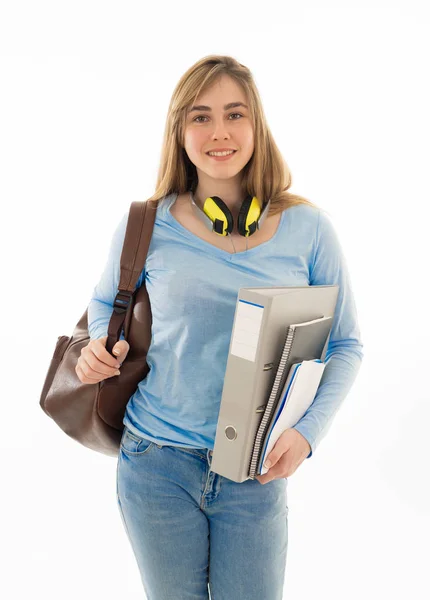 Piękna Dziewczyna Nastolatek Lub Młoda Kobieta Uczeń Plecaka Folderu Uśmiechnięte — Zdjęcie stockowe