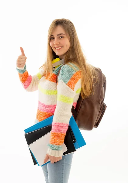 Retrato Menina Adolescente Estudante Loira Atraente Fazendo Polegares Para Cima — Fotografia de Stock