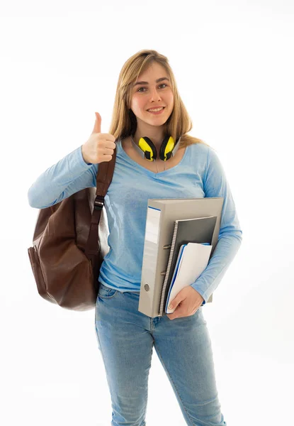 Retrato Menina Adolescente Estudante Loira Atraente Fazendo Polegares Para Cima — Fotografia de Stock