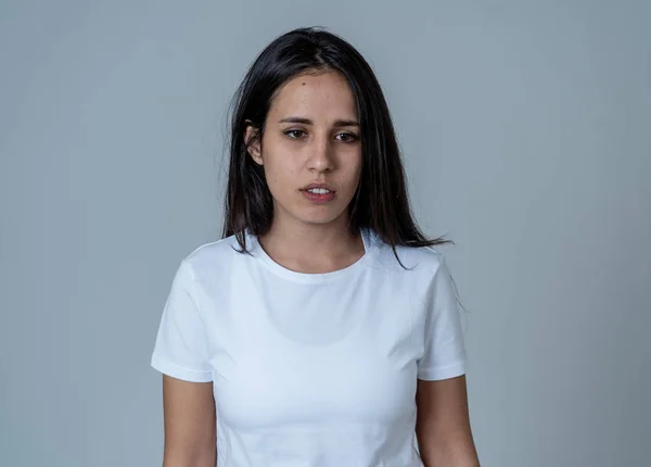 Portrait Young Sad Woman Serious Concerned Looking Worried Thoughtful Feeling — Stock Photo, Image