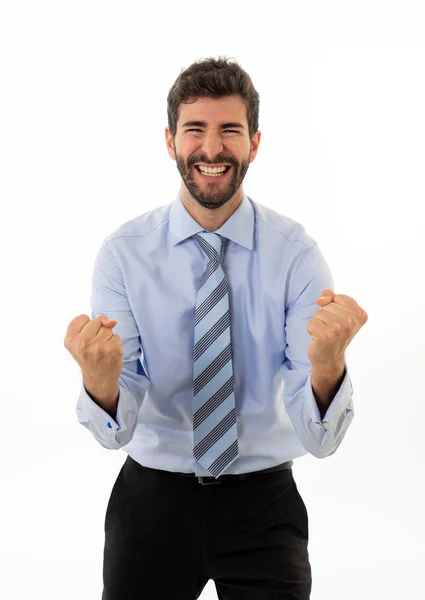 Retrato Del Hombre Negocios Hipster Celebrando Éxito Con Puño Alto — Foto de Stock