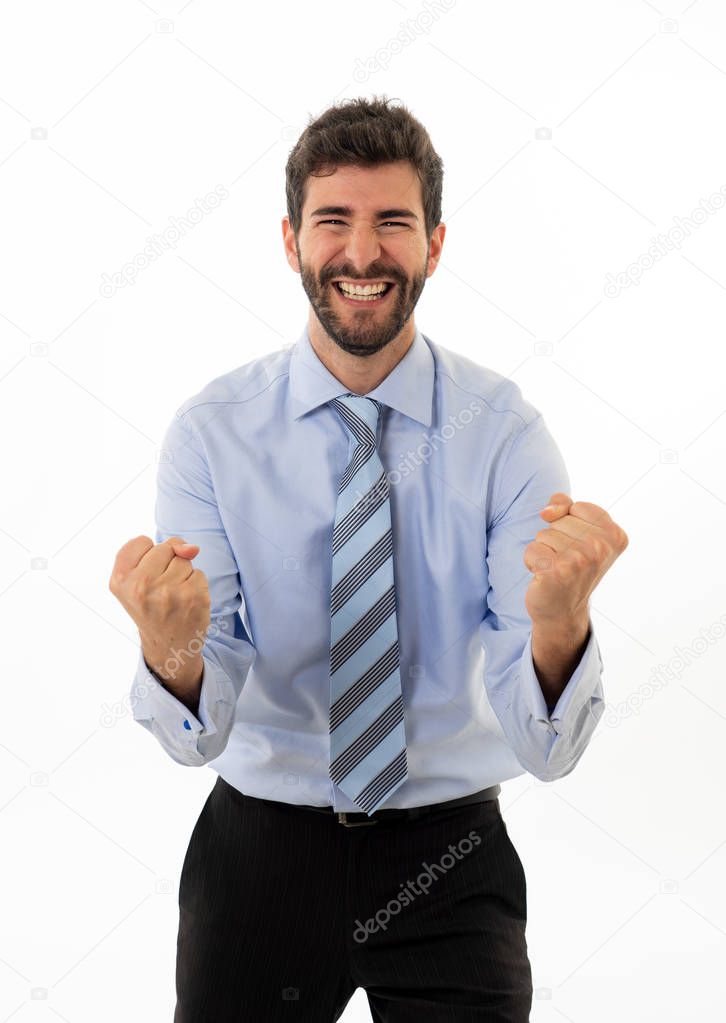 Portrait of hipster businessman celebrating success with fist up feeling happy. Isolated on neutral background with copy space. In people business, career education and successful young men.
