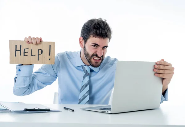 Wanhopige Kaukasische Zakenman Met Laptop Computer Lijdt Stress Werkplek Houden — Stockfoto