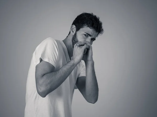 Portrait Young Man Shock Scared Face Making Frightened Gestures Looking — Stock Photo, Image