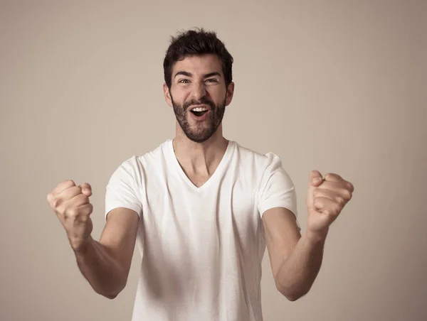 Portrait Young Happy Excited Man Winning Lottery Celebrating Goal Having — Stock Photo, Image