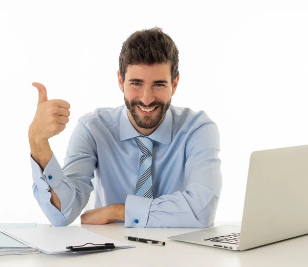 Smiling Confident Young Executive Businessman Laptop Working Surfing Internet Successful Royalty Free Stock Images