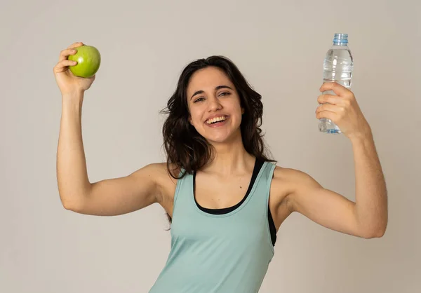 Glücklich Lächelnde Fitness Frau Mit Einer Apfel Und Wasserflasche Der — Stockfoto